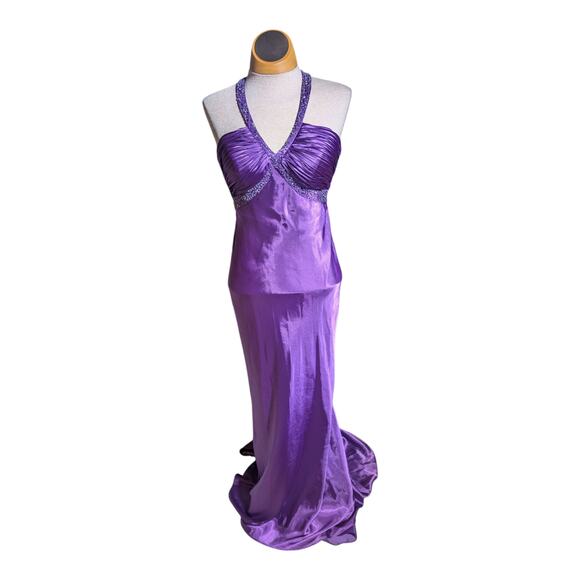 Vtg Y2K Morgan & Co Royal Purple Satin Bead Embellished Halter Prom Dress Sz 3 4 - Picture 2 of 6